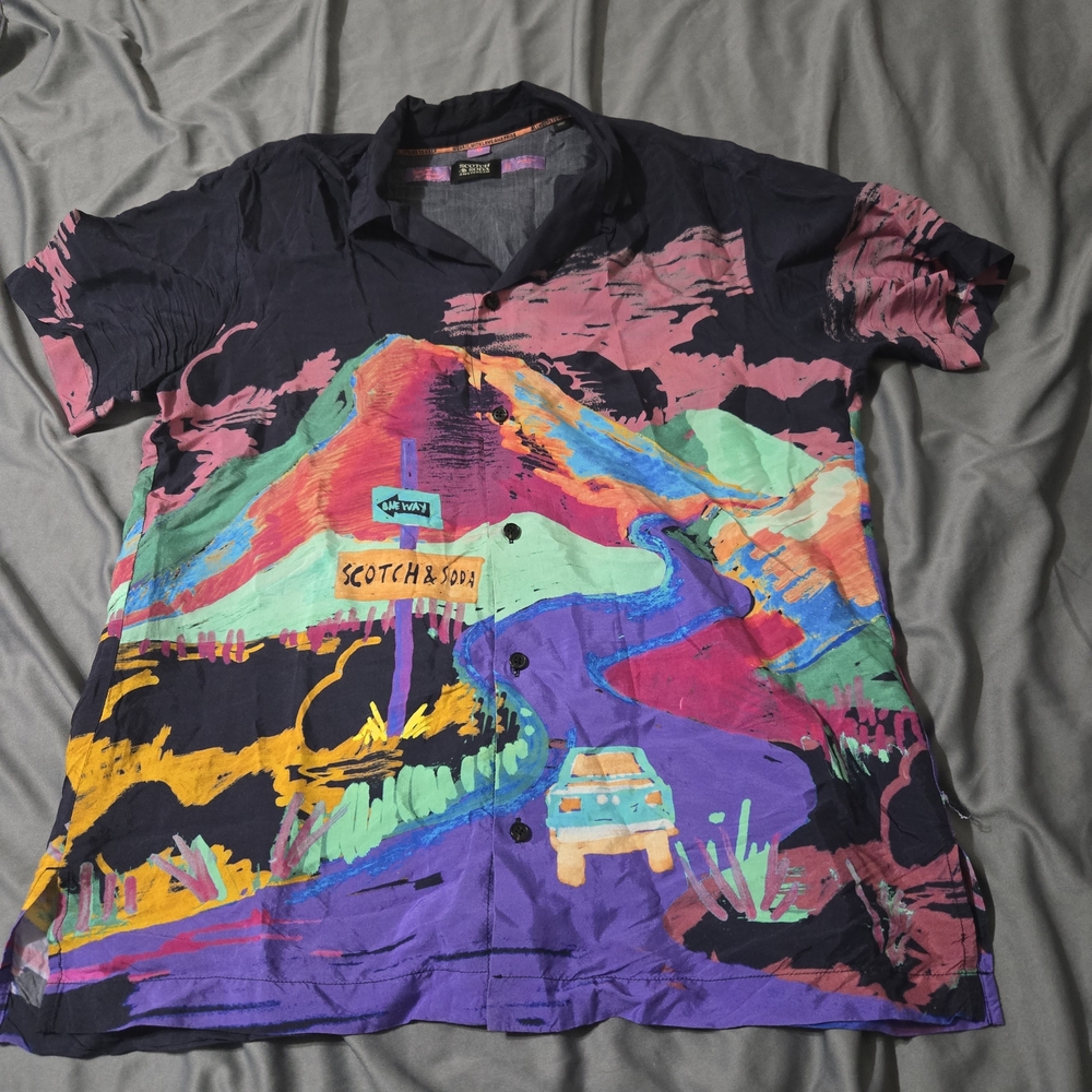 SCOTCH & SODA Graphic Camp Shirt Mens Medium Button Down Slim Fit Vibrant Print